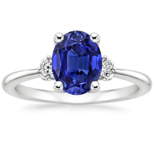 Three Stone Diamond & Oval Ceylon Sapphire Ring 3.50 Carats White Gold - Gemstone Ring-harrychadent.ca