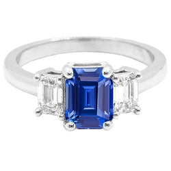 Three Stone Emerald Blue Sapphire & Natural Earth Mined Diamond Ring 2.50 Carats