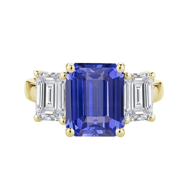 Three Stone Emerald Ceylon Sapphire Ring 14K Yellow Gold 3.50 Carats - Gemstone Ring-harrychadent.ca