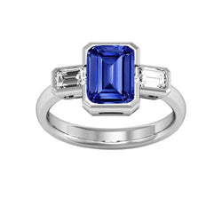 Three Stone Emerald Natural Earth Mined Diamond Sapphire Ring Half Bezel Set 1.75 Carats