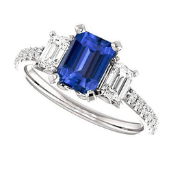 Three Stone Emerald Sapphire Ring With Accented Diamonds 4.50 Carats