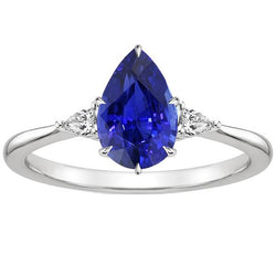 Three Stone Gemstone Ring Pear Ceylon Sapphire & Diamonds 4.25 Carats