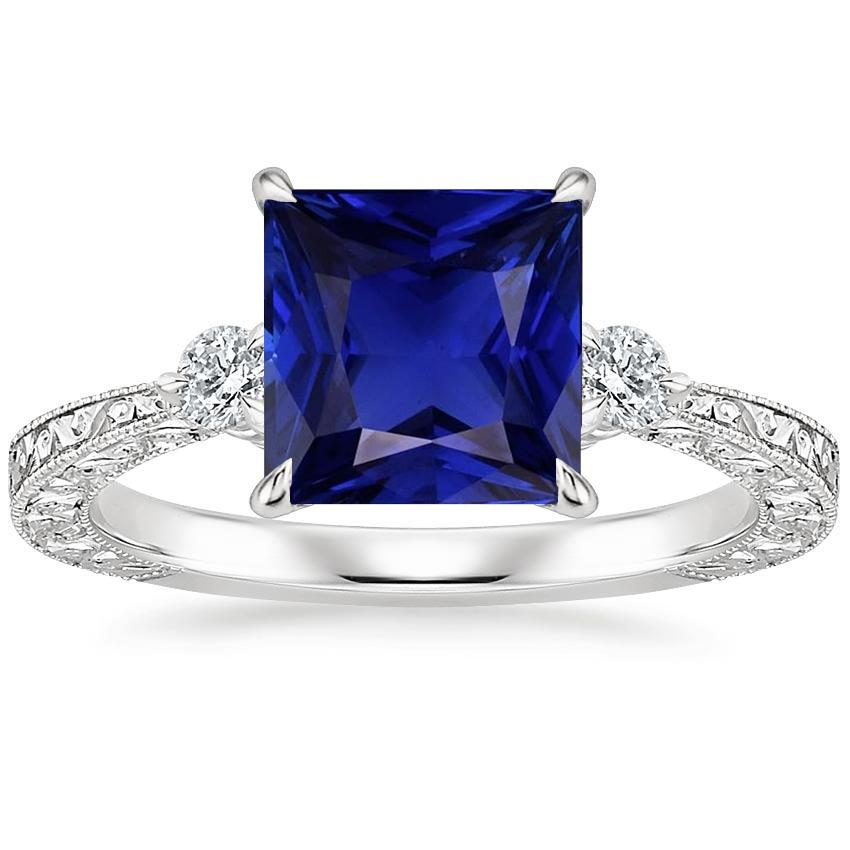 Three Stone Gemstone Ring Princess Blue Sapphire & Diamond 5.25 Carats - Gemstone Ring-harrychadent.ca