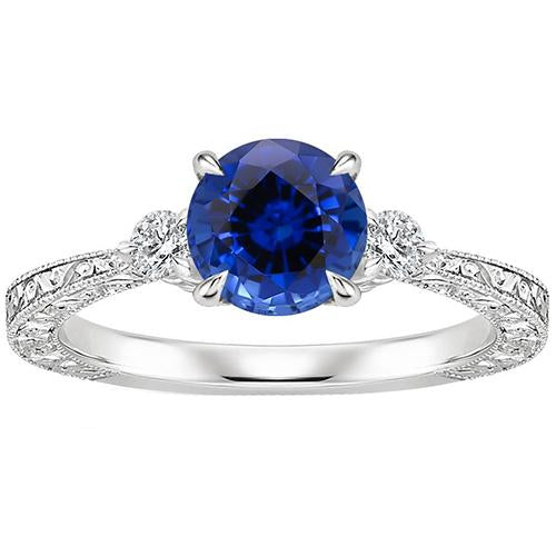 Three Stone Gold Ring Round Ceylon Sapphire & Diamond 2.50 Carats New - Gemstone Ring-harrychadent.ca