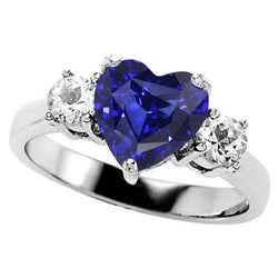 Three Stone Heart Blue Sapphire Ring & Round Natural Earth Mined Diamonds 2.50 Carats
