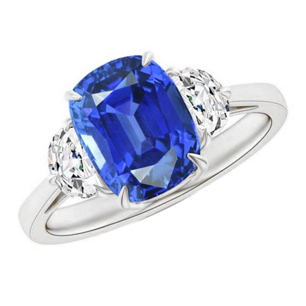 Three Stone Oval Blue Sapphire Ring 4.50 Carats Half Moon Diamonds - Gemstone Ring-harrychadent.ca