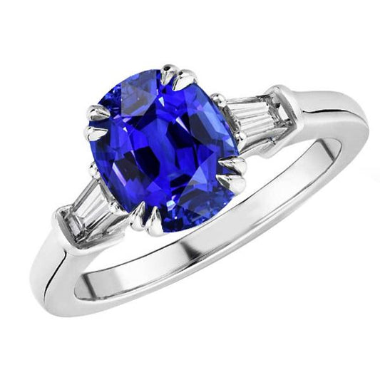 Three Stone Oval Blue Sapphire Ring With Baguette Diamond 3.25 Carats - Gemstone Ring-harrychadent.ca