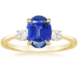 Three Stone Oval Blue Sapphire & Round Natural Earth Mined Diamond Ring Gold 5.50 Carats