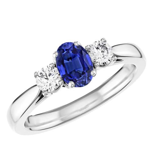 Three Stone Oval Ceylon Sapphire & Round Diamond Ring 2 Carats - Gemstone Ring-harrychadent.ca