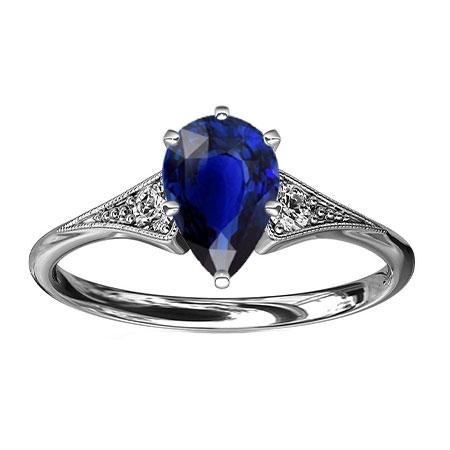 Three Stone Pear Blue Sapphire & Diamond Ring Milgrain 1.75 Carats - Gemstone Ring-harrychadent.ca