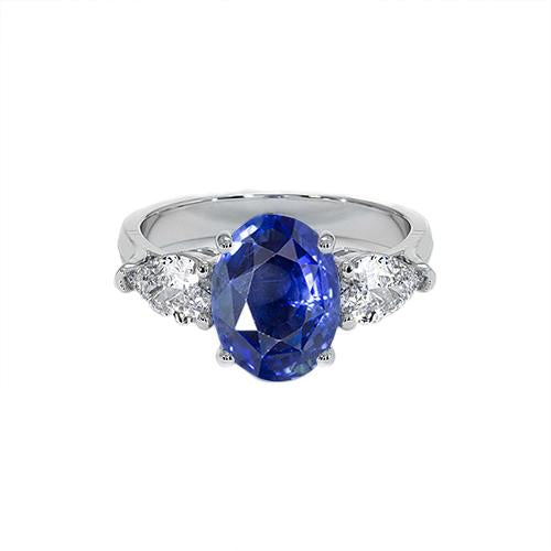 Three Stone Pear Diamond & Ceylon Oval Sapphire Ring 9.25 Carats Gold - Gemstone Ring-harrychadent.ca