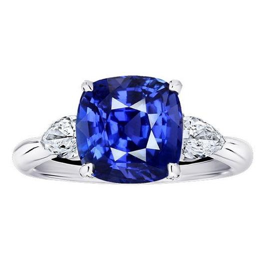 Three Stone Pear Diamond & Cushion Blue Sapphire Ring 3.50 Carats - Gemstone Ring-harrychadent.ca