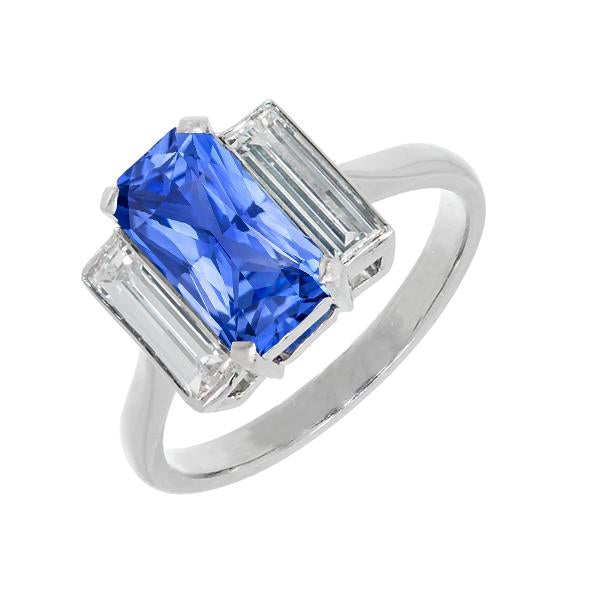 Three Stone Radiant Sapphire & Baguette Diamond Ring 3.50 Carats Gold - Gemstone Ring-harrychadent.ca