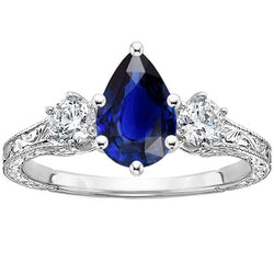 Three Stone Ring Antique Style Pear Blue Sapphire & Diamonds 5 Carats