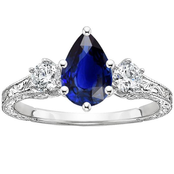 Three Stone Ring Antique Style Pear Blue Sapphire & Diamonds 5 Carats - Gemstone Ring-harrychadent.ca