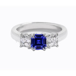Three Stone Ring Asscher Ceylon Sapphire & Natural Earth Mined Diamonds 2.50 Carats