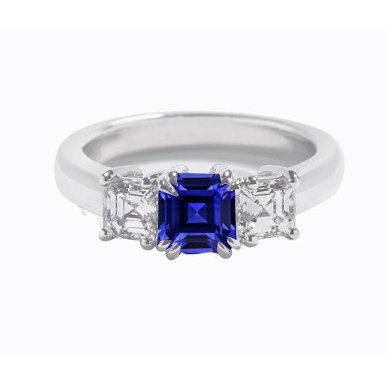 Three Stone Ring Asscher Ceylon Sapphire & Diamonds 2.50 Carats - Gemstone Ring-harrychadent.ca