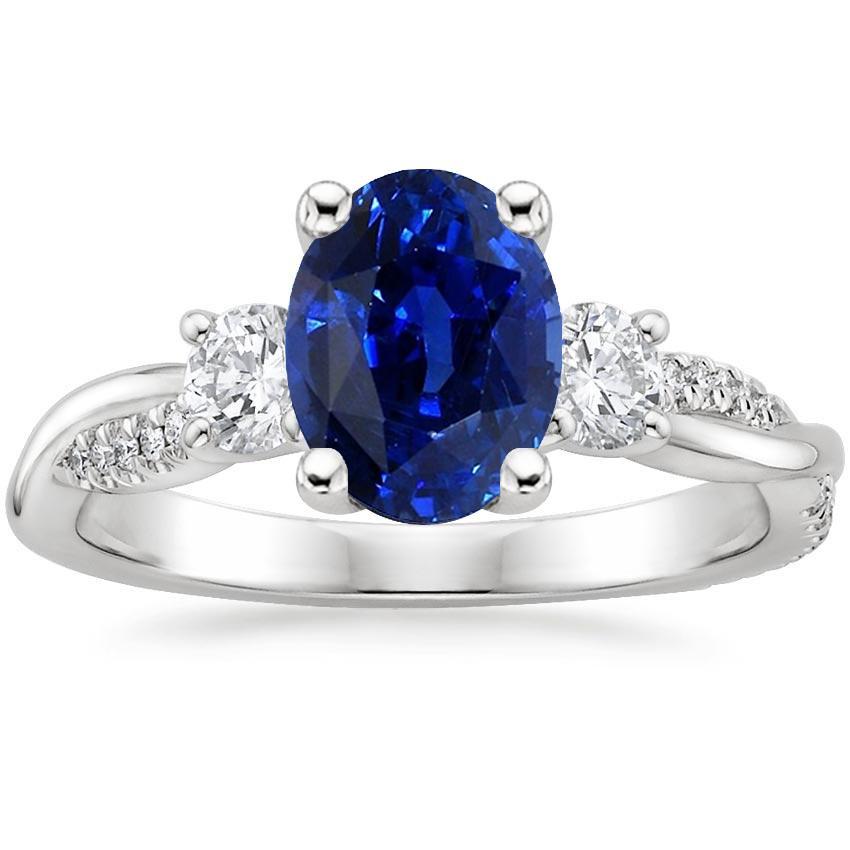 Three Stone Ring Oval Blue Sapphire & Round Diamond Accents 4 Carats - Gemstone Ring-harrychadent.ca
