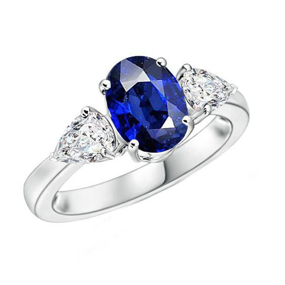 Three Stone Ring Oval Sri Lankan Sapphire & Pear Diamonds 5.50 Carats - Gemstone Ring-harrychadent.ca