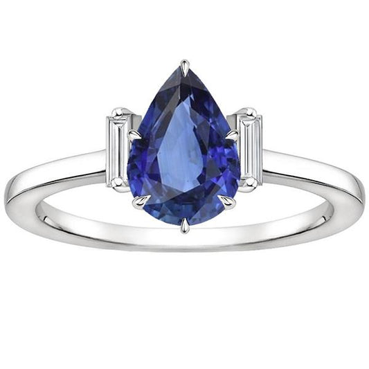 Three Stone Ring Pear Sri Lankan Sapphire & Baguette Diamonds 3 Carats - Gemstone Ring-harrychadent.ca