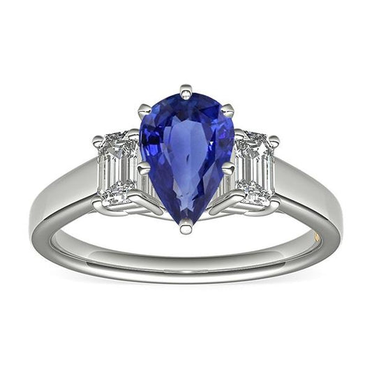 Three Stone Ring Pear SriLanka Sapphire 2 Carats & Emerald Diamonds - Gemstone Ring-harrychadent.ca