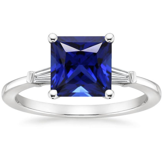 Three Stone Ring Princess Blue Sapphire & Baguette Diamonds 5.25 Carat - Gemstone Ring-harrychadent.ca