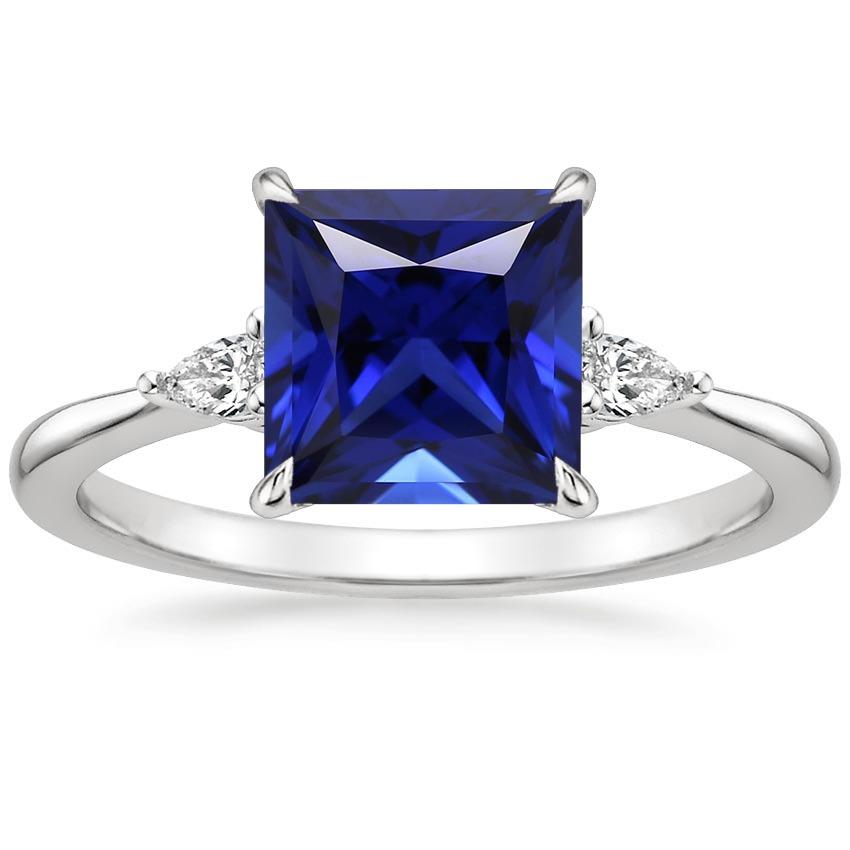Three Stone Ring Princess Blue Sapphire & Pear Diamonds 5.25 Carats - Gemstone Ring-harrychadent.ca