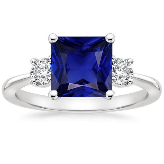 Three Stone Ring Princess Blue Sapphire & Round Diamonds 5.50 Carats - Gemstone Ring-harrychadent.ca