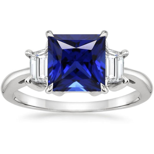 Three Stone Ring Princess Ceylon Sapphire and Diamond 5.25 Carat - Gemstone Ring-harrychadent.ca