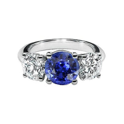 Three Stone Round Blue Sapphire & Diamond Ring 2.50 Carats Gold 14K