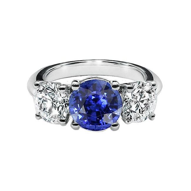 Three Stone Round Blue Sapphire & Diamond Ring 2.50 Carats Gold 14K - Gemstone Ring-harrychadent.ca