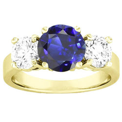 Three Stone Round Blue Sapphire & Natural Earth Mined Diamond Ring 5 Carats Jewelry