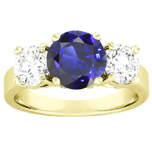 Three Stone Round Blue Sapphire & Diamond Ring 5 Carats Jewelry - Gemstone Ring-harrychadent.ca