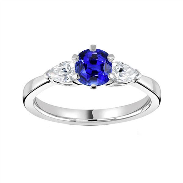 Three Stone Round Blue Sapphire Ring & Pear Diamonds 1.25 Carats - Gemstone Ring-harrychadent.ca