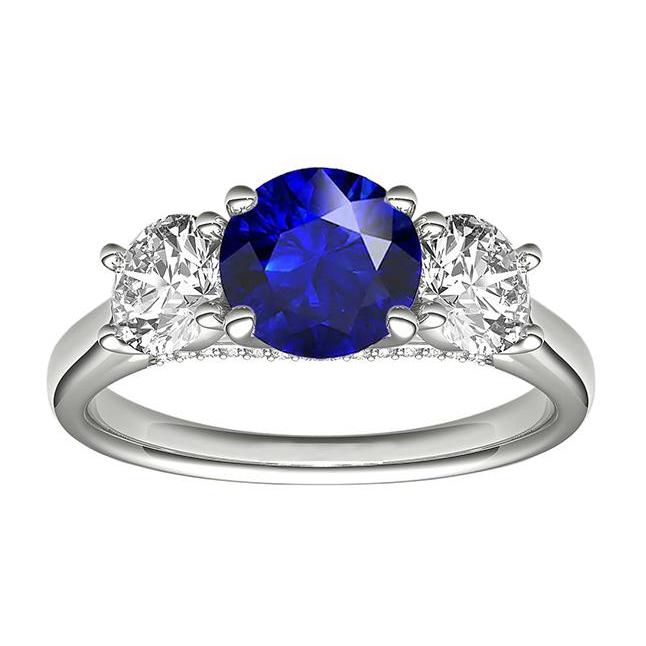 Three Stone Round Blue Sapphire Ring & Round Diamonds 2.50 Carats - Gemstone Ring-harrychadent.ca