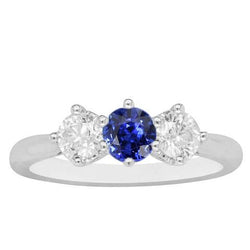 Three Stone Round Natural Earth Mined Diamond Sapphire Ring 2.50 Carats White Gold 14K