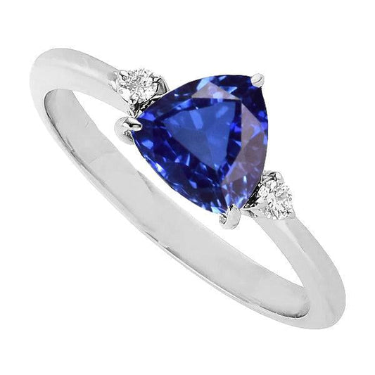 Three Stone Trillion Ceylon Sapphire Ring 2.25 Carats Round Diamonds - Gemstone Ring-harrychadent.ca