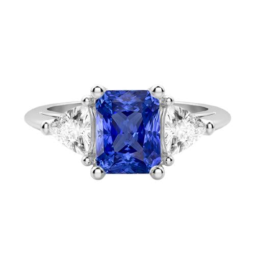 Three Stone Trillion Diamond Ring Natural Blue Sapphire 2 Carat Prongs - Gemstone Ring-harrychadent.ca