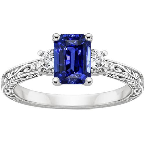 Three Stones Ring Antique Style Blue Sapphire & Diamonds 4.50 Carats - Gemstone Ring-harrychadent.ca