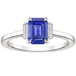 Three Stones Ring Emerald Blue Sapphire & Baguette Diamonds 4 Carats