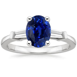 Three Stones Ring Oval Ceylon Sapphire & Baguette Natural Earth Mined Diamonds 3 Carats