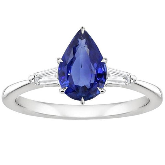 Three Stones Ring Pear Blue Sapphire & Baguette Diamonds 3 Carats - Gemstone Ring-harrychadent.ca