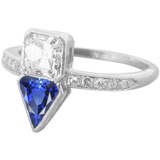 Toi et Moi Asscher Diamond & Ceylon Sapphire Ring 3.50 Carats Milgrain - Gemstone Ring-harrychadent.ca