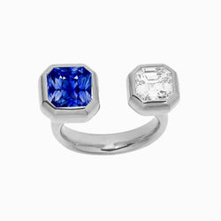 Toi et Moi Asscher Natural Earth Mined Diamond Ring Bezel Set Radiant Sapphire 2.50 Carats