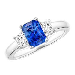 Trapezoid Diamond Blue Sapphire Ring Radiant Cut 3 Carats Three Stone