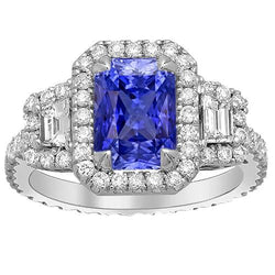 Trapezoid & Round Natural Earth Mined Diamond Halo Ring Gold Ceylon Sapphire 4.50 Carats