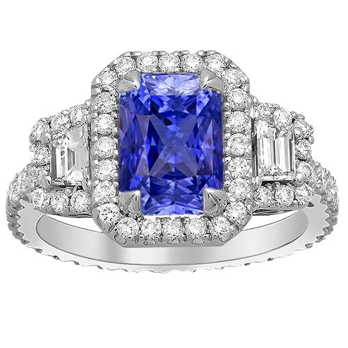 Trapezoid & Round Diamond Halo Ring Gold Ceylon Sapphire 4.50 Carats - Gemstone Ring-harrychadent.ca