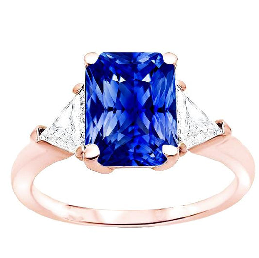 Trillion Diamond 3 Stone Ring Radiant Sapphire Rose Gold 3 Carats - Gemstone Ring-harrychadent.ca