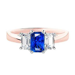 Two Tone 3 Stone Natural Earth Mined Diamond Radiant Sapphire Gemstone Ring 1.50 Carats