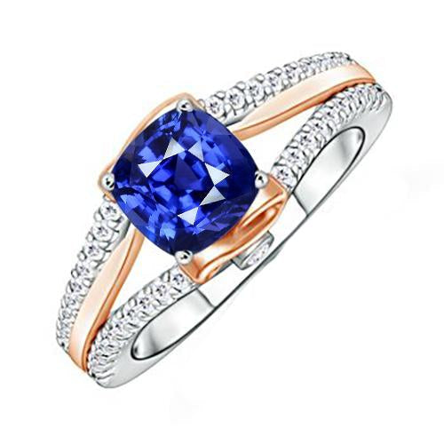 Two Tone Diamond Engagement Ring With Cushion Blue Sapphire 2.50 Carat - Gemstone Ring-harrychadent.ca